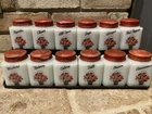 McKee Tipp City Milk Glass Spice Jar Shakers Set 12 Black & Red Basket Flowers