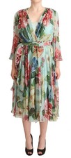 Dolce & Gabbana Multicolor Green Floral Silk Wrap Midi Women's Dress