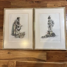 2 VTG 1952 Original Color Paul Geissler Etchings Vegetable Man & Woman Framed