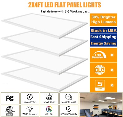 4PCS 2x4FT Drop Ceiling LED Troffer Panel Daylight 5000k Flat Panel Recessed 75W