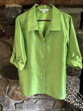 Caroline Rose Women's Top Buttonfront Lime Green Roll Up Sleeves Small