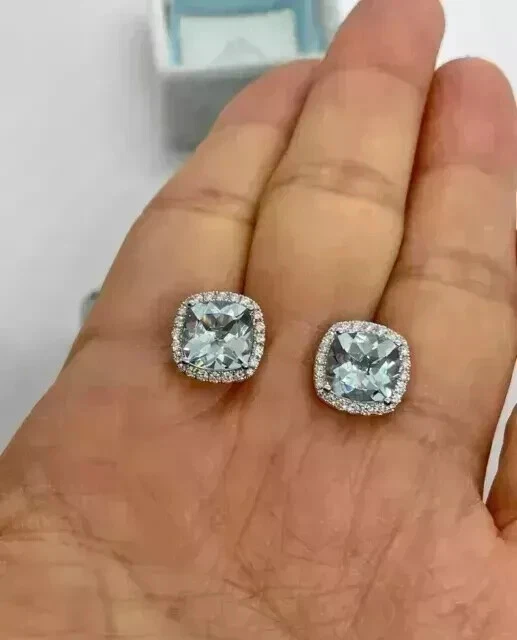 2 克拉靠垫切割实验室制作的海蓝宝石女士耳钉耳环 14K 镀白金 — 第 2/4 张图片