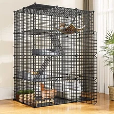 Large Cat Cage Enclosure Metal Wire 4-Tier Kennel DIY Playpen Catio with Hammock