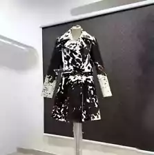 Women Pony Skin Cow Print Genuine Leather Trench Coat Black White Belted Jacket