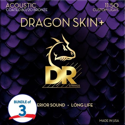 DR Strings Dragon Skin+ 80/20 Bronze Coated Acoustic Guitar Strings (3 Pack) -