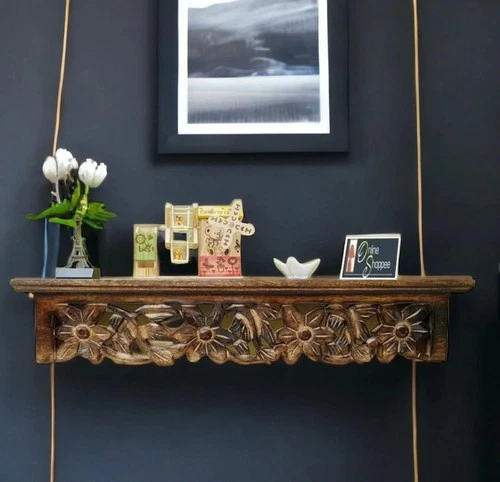 Wooden Twist Wooden Hand Carved Wall Shelf with Jali Work - Decorative Display