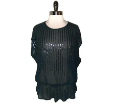 LANE BRYANT Plus Size 1X 14W 16W Blouse Shirt Top Black Sequins Cap Sleeve