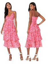 Lulus Obsession Pink Floral Sleeveless V-neck Lurex Tiered Romance Midi Dress XS