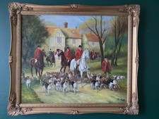 Large Vintage Oil Painting Hunting Scene – Equestrian Fox Hunt, Signed J. Hall