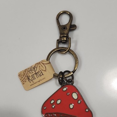 Karma Mushroom Enamel Key Chain Red Bronze Metal Whimsical Nature Theme