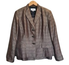 Le Suit Brown Tweed Metallic Skirt Suit Set Dressy Classic Knee Length Size 12
