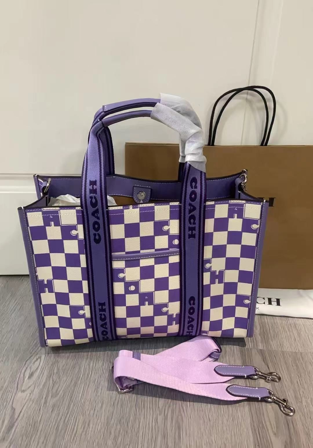 Coach CR101 Purple Checkerboard Canvas & Leather Smith Tote Bag