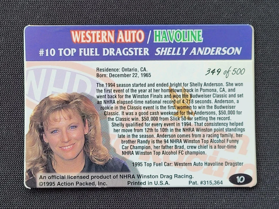 1995 Action Packed NHRA Shelly Anderson Signed Racing Card, 349/500 - Image 2 of 2