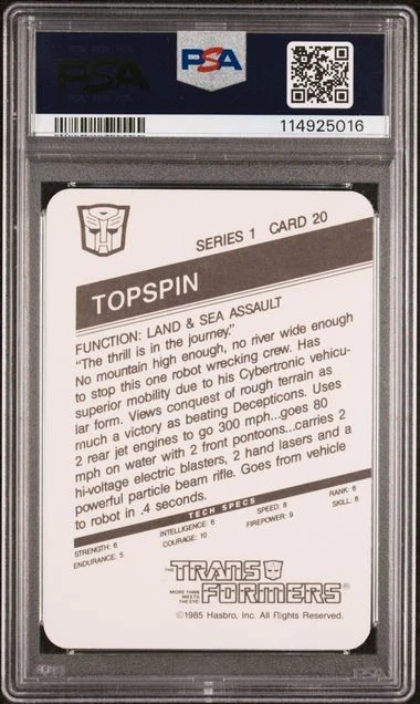 1985 Hasbro Transformers Topspin #20 PSA 10 Pop 8 RARE - Image 2 of 2
