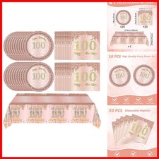 41Pcs 100th Birthday Rose Gold Party Tableware Plates Napkins Tablecloth