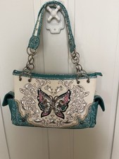 Cowgirl Trendy Western Leather Bag w Metal Butterfly  Rhinestone Studs