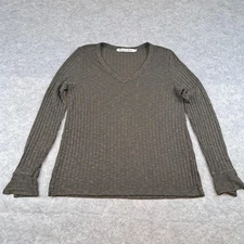Michael Stars Shirt Womens One Size Green Ribbed V Neck Long Sleeve USA OS