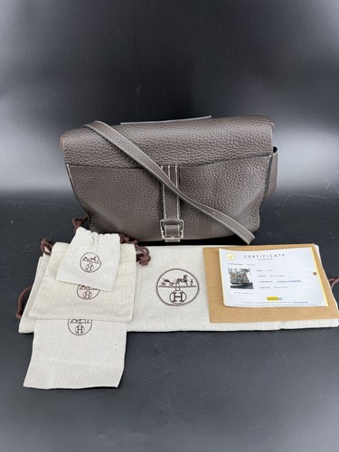 Authentic Hermes Halzan 31 Brown Clemence Leather Handbag Tote W/ Dust Bag
