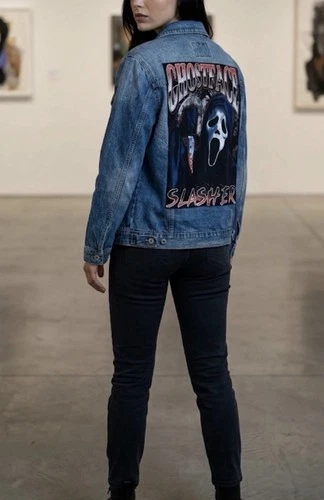 Mens Scream Movie Horror Custom Denim Jacket Blue Large GhostFace Halloween image 2