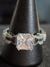 925 Sterling Silver Princess Cut CZ Ring Blue Sapphire Accents Size 9.5
