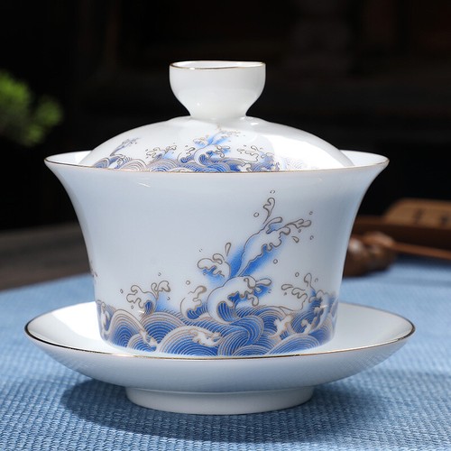 Porcelain Gaiwan Antique Style Wave Print Underglaze Colorful Tureen Cup Saucer - Picture 9 of 17