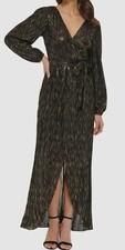 GUESS Womens Black Metallic-Striped Faux-Wrap Maxi Dress Size 4