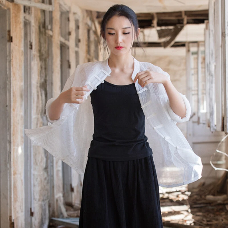 Donna Trasparente Rete Giacca Camicia Manica Lunga Pulsante Anteriore Top Estivo - Immagine 3 di 4