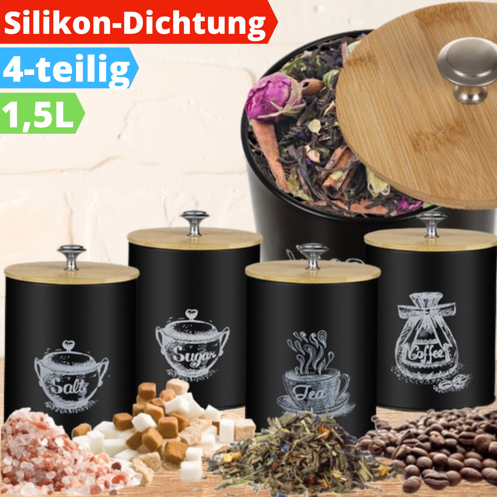 Küchenbehälter Dose Set Kaffee Tee Salz Zucker Bambus Küche Aufbewahrung 1,5 L