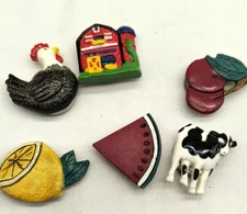 Vintage 6 Adorable Barnyard & Fruit Button Covers Silver Tone Metal #823