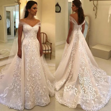 Vintage Off Shoulder Lace Wedding Dresses Appliques Sweep Train Bridal Gowns