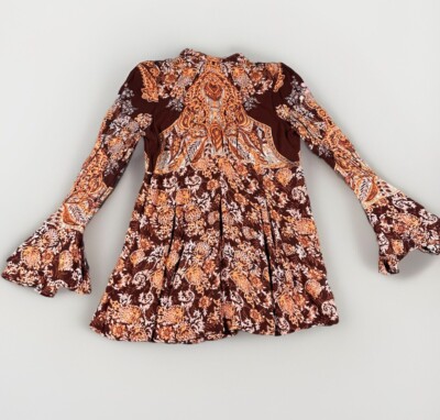 Free People XS Bell Sleeve Mock Dress Burgundy Paisley Boho Whimsigoth  Fairy | eBay