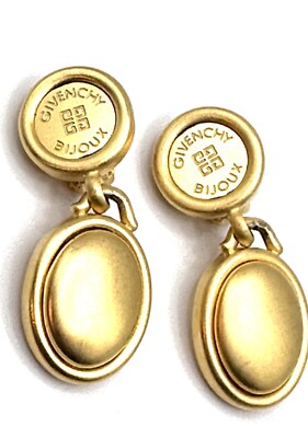 Vintage 80s BIJOUX GIVENCHY Chunky Brushed Gold Logo Door-Knocker Clip Earrings.