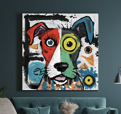 LEINWAND BILD BIS 140x140x5 BUNTER HUND BASQUIAT STIL WANDBILD MODERN ABSTRAKTES