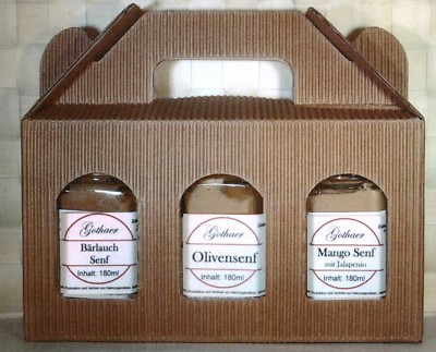 Geschenkbox 5 mit 3 Sechseckgläsern a´180ml  ''GEKO'' Origial Gothaer Senf   #5455