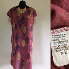 Cotton Dress Tunic XL Leaf Pattern Pockets Casual Boho Relaxed Made In Italy