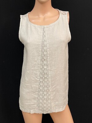 Michel Angelo Women's Lace Trim Beige Linen Top Size S Made In Italy