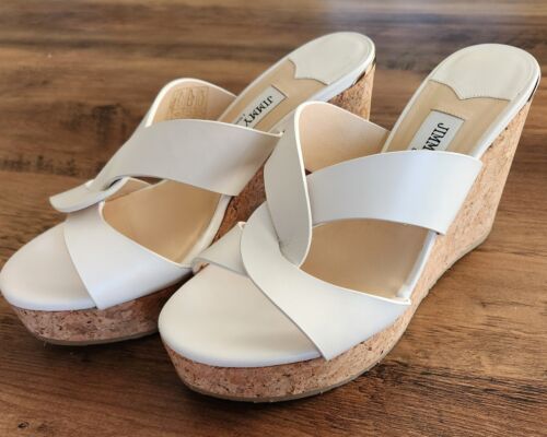 JIMMY CHOO Atia 100 Leather Wedge Sandals in White, Size EU 35 / US 5