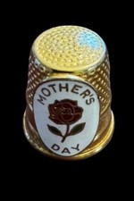 Vernon Sewing Thimble Gold Tone Metal With Enameled Mother's Day and Rose J4