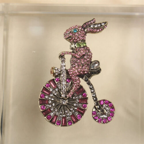 Colorful Bunny Bike Pink Sweet Vintage Brooch Luxury Rhinestone Animal Pins - Picture 1 of 5