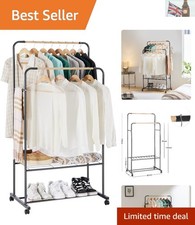 Portable Heavy-Duty Clothes Rack on Wheels with Double Hanging Rails - Black