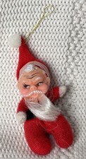 Vintage Rubber Face Mini Santa Claus White beard, felt suit Christmas Ornament