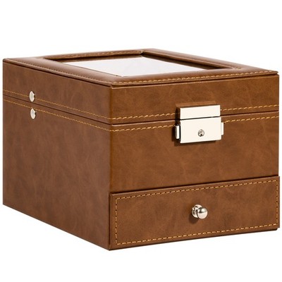 6 Slots Watch Box PU Leather Watch Case Glass Lid Jewelry Storage Display Case