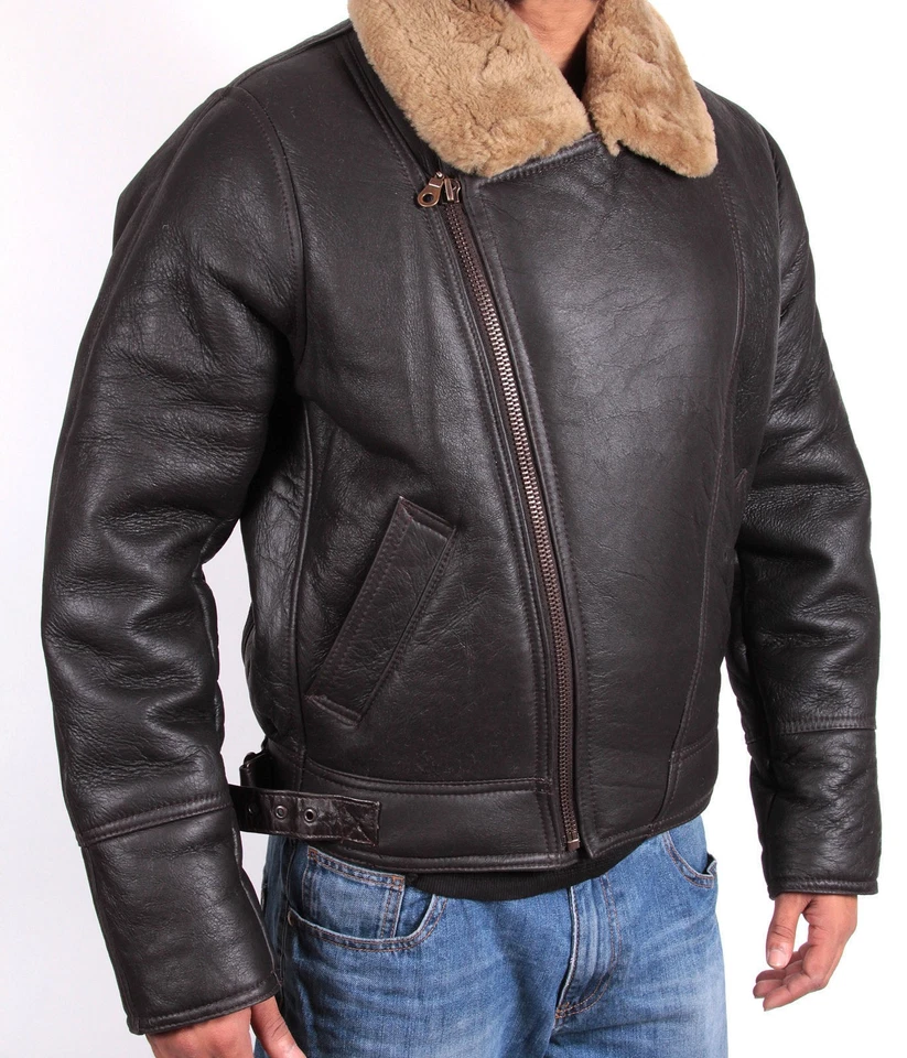 Veste aviateur marron cuir de mouton véritable peau de mouton marron B3... - Photo 4/4