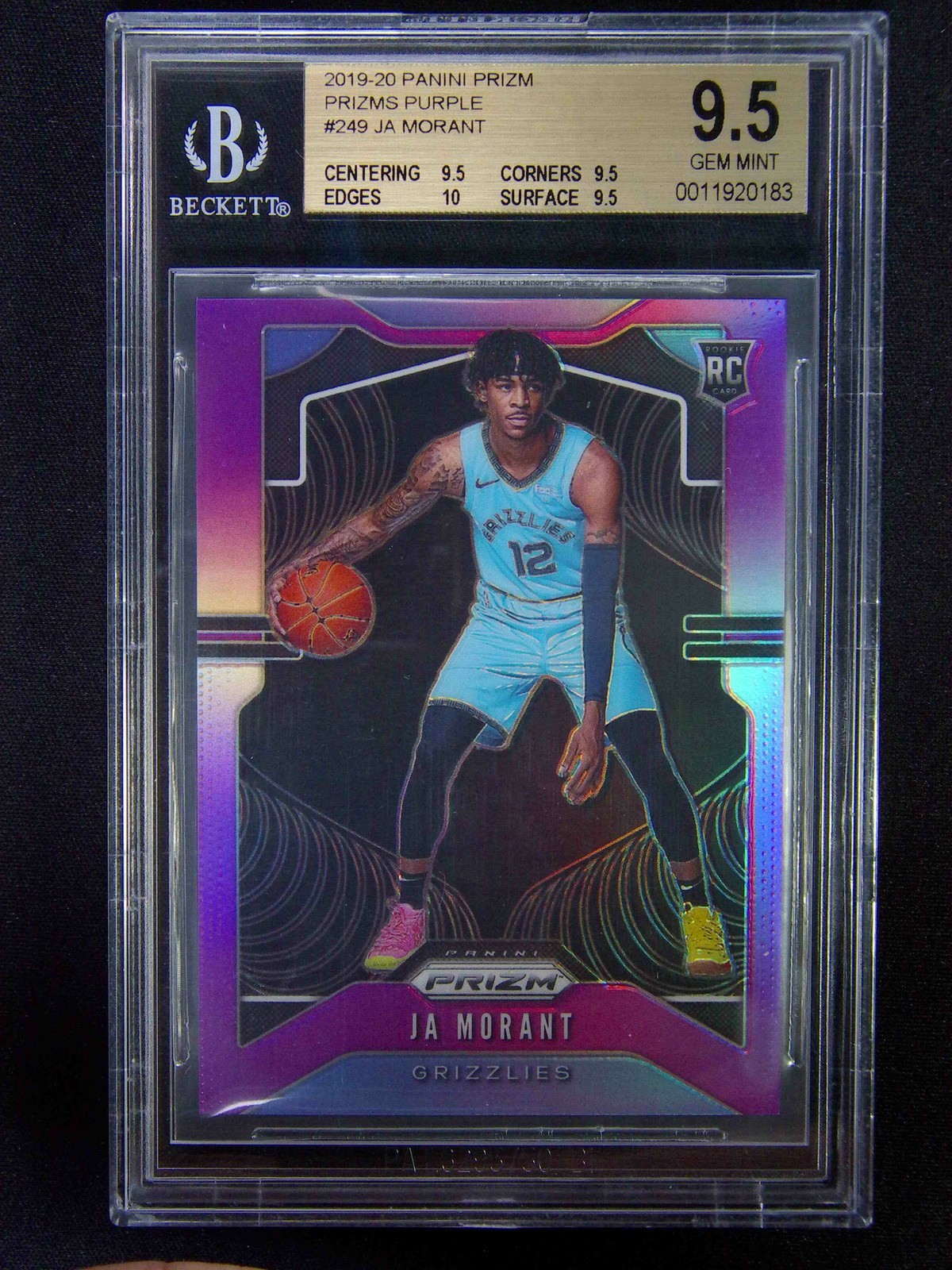 12/75 JSY# 1/1 2019-20 Panini Prizm JA Morant #249 RC Rookie Purple BGS 9.5