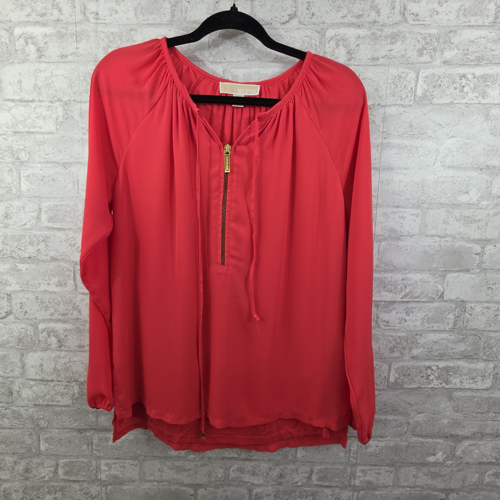 Michael Kors Dust Red Gold V- Neck 3/4 Sleeve Half Zip Tunic Blouse Top Size 2