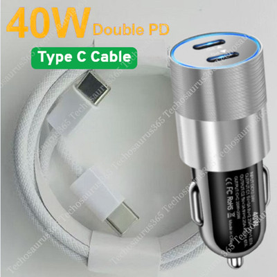 Dual Type C PD Fast 40W Car Charger Adapter Cable For Sumsang iPhone 15 16 Pro