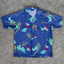 Vintage 80s 90s OP Ocean Pacific Blue Hawaiian Shirt Large Tropical Beach Surf