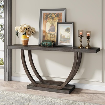 63-Inch Wood Console Table with Geometric Metal Base, 2-Tier Farmhouse Sofa T...