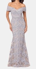 NWT $288 Xscape Off the Shoulder Embroidered Sequins Gown Silver/Gold Size 6