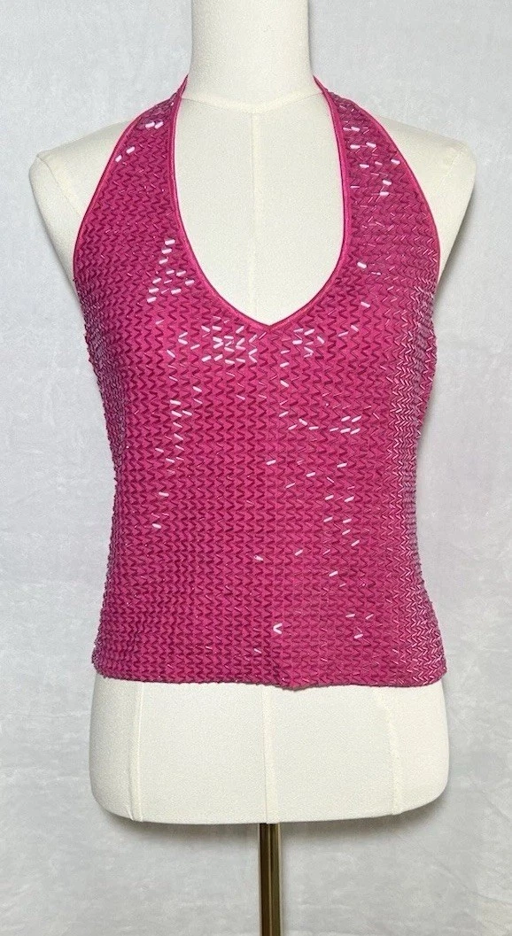 VTG Cache Fuchsia Pink Beaded Halter Top Size L Elle Woods Coquette Homecoming